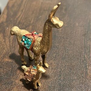 Brass Llama Figurines with Turquoise Accents